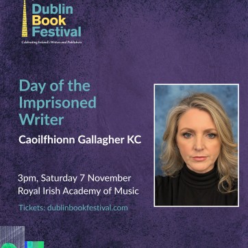Dublin Book Festival graphic with event title and location and a photo of Caoilfhionn Gallagher KC