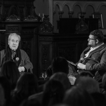 A black and White Image of Author John anville and Historian Donal Fallon from their event at The Pepper Canister Church
