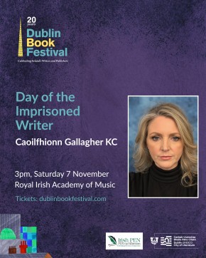 Dublin Book Festival graphic with event title and location and a photo of Caoilfhionn Gallagher KC