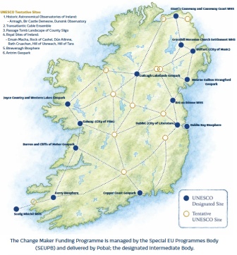 A map of Ireland showing all the tentative and designated UNESCO sites. Areas listed: UNESCO World Heritage Sites:
Brú na Bóinne (Archaeological Ensemble of the Bend of the Boyne): in County Meath.
Sceilg Mhichíl (Skellig Michael): in County Kerry.
Giant’s Causeway and Causeway Coast: in County Antrim.
Gracehill Moravian Church Settlement: in County Antrim
UNESCO Global Geoparks:
Copper Coast Geopark: in County Waterford.
Burren and Cliffs of Moher Geopark: in County Clare.
Cuilcagh Lakelands Geopark: in Counties Cavan and Fermanagh.
Mourne Gullion Strangford Geopark: in Counties Armagh and Down.
Joyce Country and Western Lakes Geopark: in Counties Galway and Mayo
UNESCO Biosphere Reserves:
Dublin Bay Biosphere Reserve: in County Dublin
Kerry Biosphere Reserve: in County Kerry
UNESCO Creative Cities:
Belfast: (City of Music): in Counties Antrim and Down
Dublin: (City of Literature): in County Dublin
Galway: (City of Film): in County Galway
Tentative UNESCO Sites
Antrim Geopark
Historic Astronomical Observatories of Ireland
Transatlantic Cable Ensemble
Passage Tomb Landscape of County Sligo
Royal Sites of Ireland
Binevenagh Biosphere