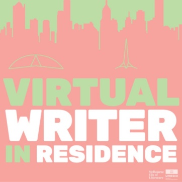 Graphic by Melbourne City of Literature. shows pink and green cityscape. Text reads Virtual Writer in Residence
