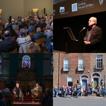 A collage of event photos including a walking tour, John Banville at a screening in the IFI, a photo of John Banville and Donal Fallon in the Pepper Canister and a discussion with John Banville, Martina Devlin, John MacKenna and Emily Hourican at City Assembly House