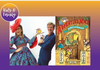 A photo of Sarah McIntyre and Philip Reeve alongside the cover of their Adventuremice Of Mice and Mummies