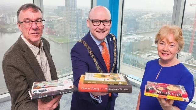 A photo from the shortlist announcement of Prof. Chris Morash, Lord Mayor of Dublin Councillor Ray McAdam, and Dublin City Librarian Mairead Owens