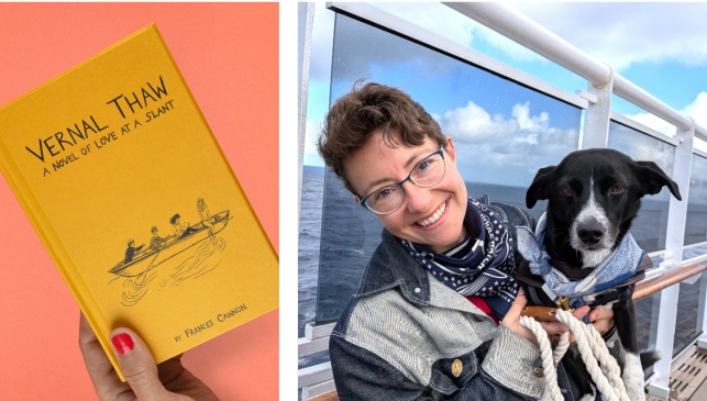 A photo of the cover of Franky Cannon's book Vernal Thaw: A Novel of Love at a Slant, alongside a photo of her with her dog.