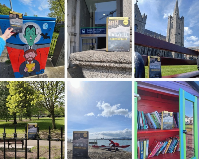 A collage of copies of Christine Falls hidden around the city.