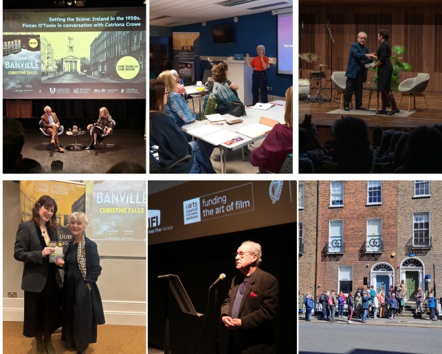 A collage of event photos including Fintan O'Toole and Catriona Crowe at the Lexicon. Gill Perdue hosting a writing workshop in Tallaght Library, Belinda McKeon and John Banville on stage at RIAM, Banville at a screening at the IFI, the crowd at our walking tour and Ruth Griffin and Deirdre Mcquillan, who spoke at our 1950s fashion event in Collins Barracks