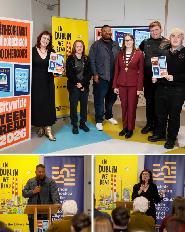 photos of authors Sam Blake and Leon Diop with Councillor Ní Mhuirí and students from Coolock Community College