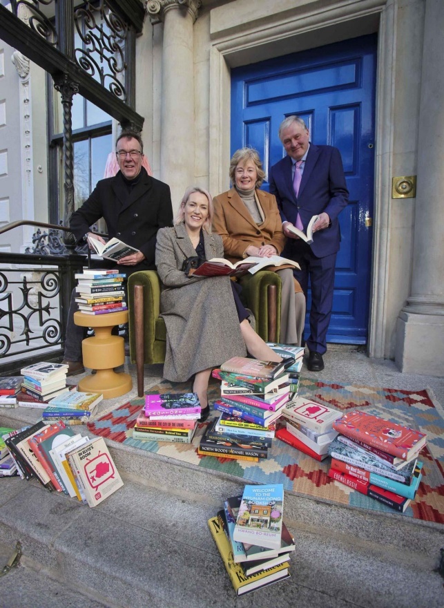 <p>Pictured from left are, Chairperson of the judging panel, Professor Chris Morash, Lord Mayor of Dublin Emma Blain, Dublin City Libraries Chief Librarian, Mairead Owens and Dublin City Council Chief Executive, Richard Shakespeare, with the 71 titles announced today as the longlist for Dublin Literary Award 2025. Photo Chris Bellew / Fennell Photography.</p>